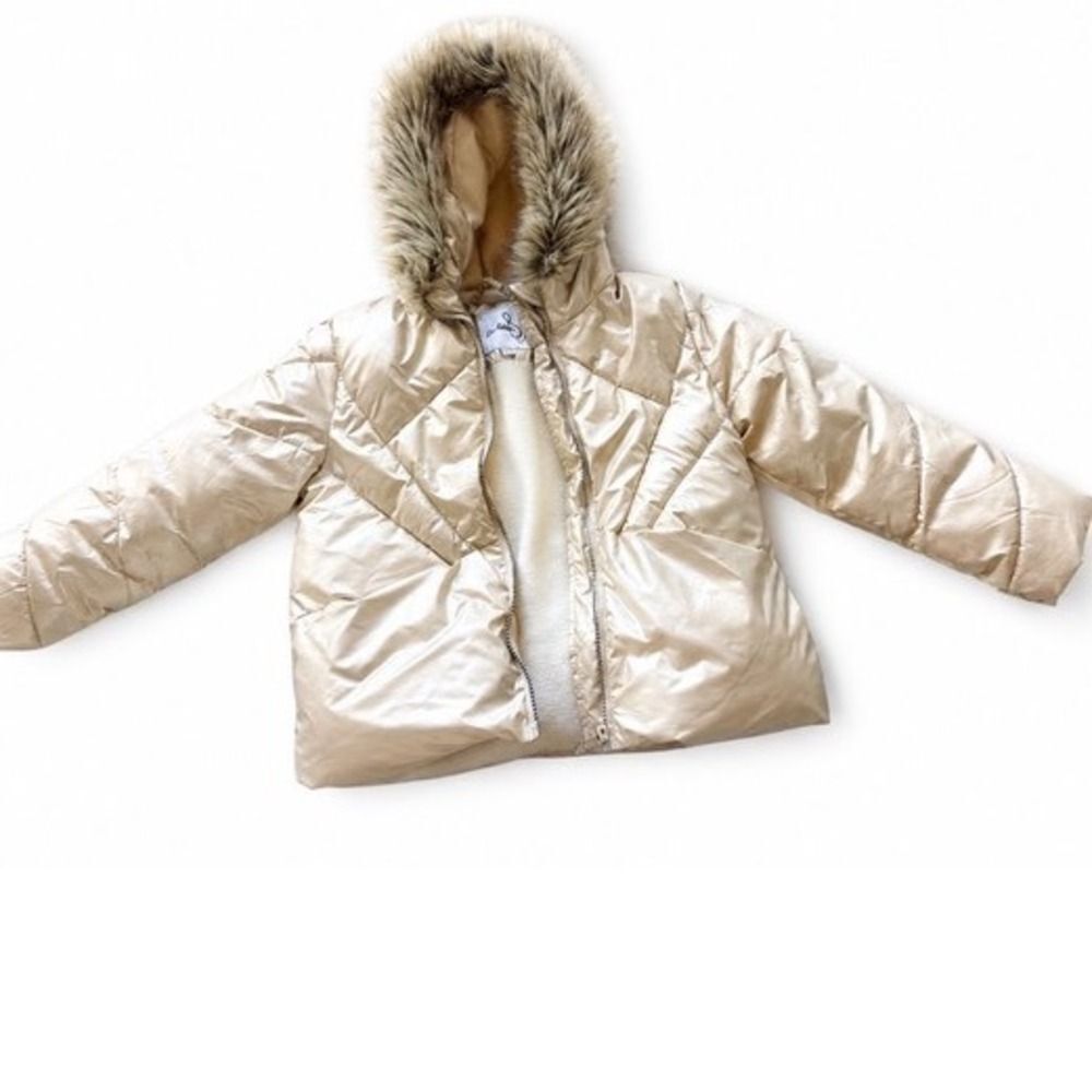 Sam Edelman Girls Metallic Champagne Gold Puffer Jacket Faux Fur Hood Size 6X - Picture 1 of 3